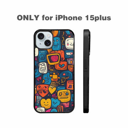 iPhone 15 Plus Case — Hand Drawn Icon Doodle Pattern Hundreds, Customized Protective Case