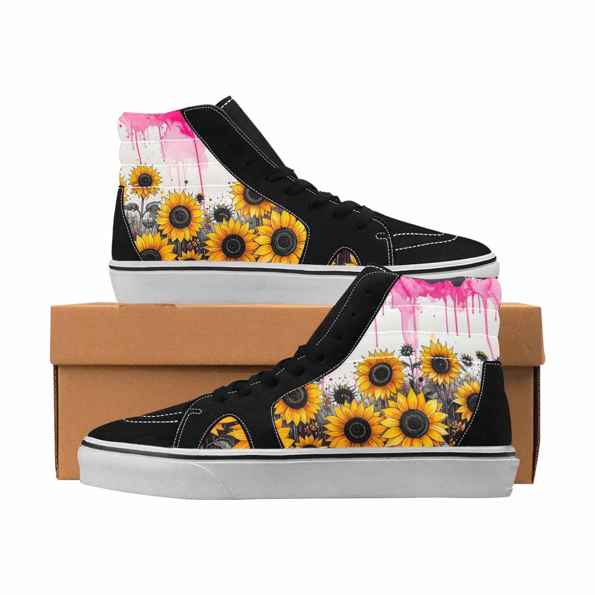 MEN'S Sunflowers Black & Pink Ink High Top Canvas Boutique Melting Art Custom Print Sneakers