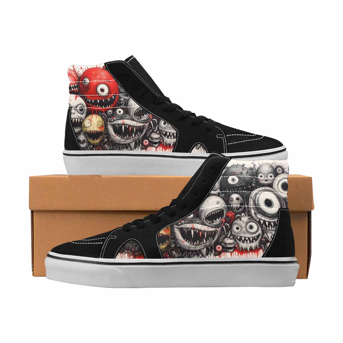 MEN'S Monsters Black & Red Ink High Top Canvas One Of A Kind Melting Art Custom Canvas Shoes