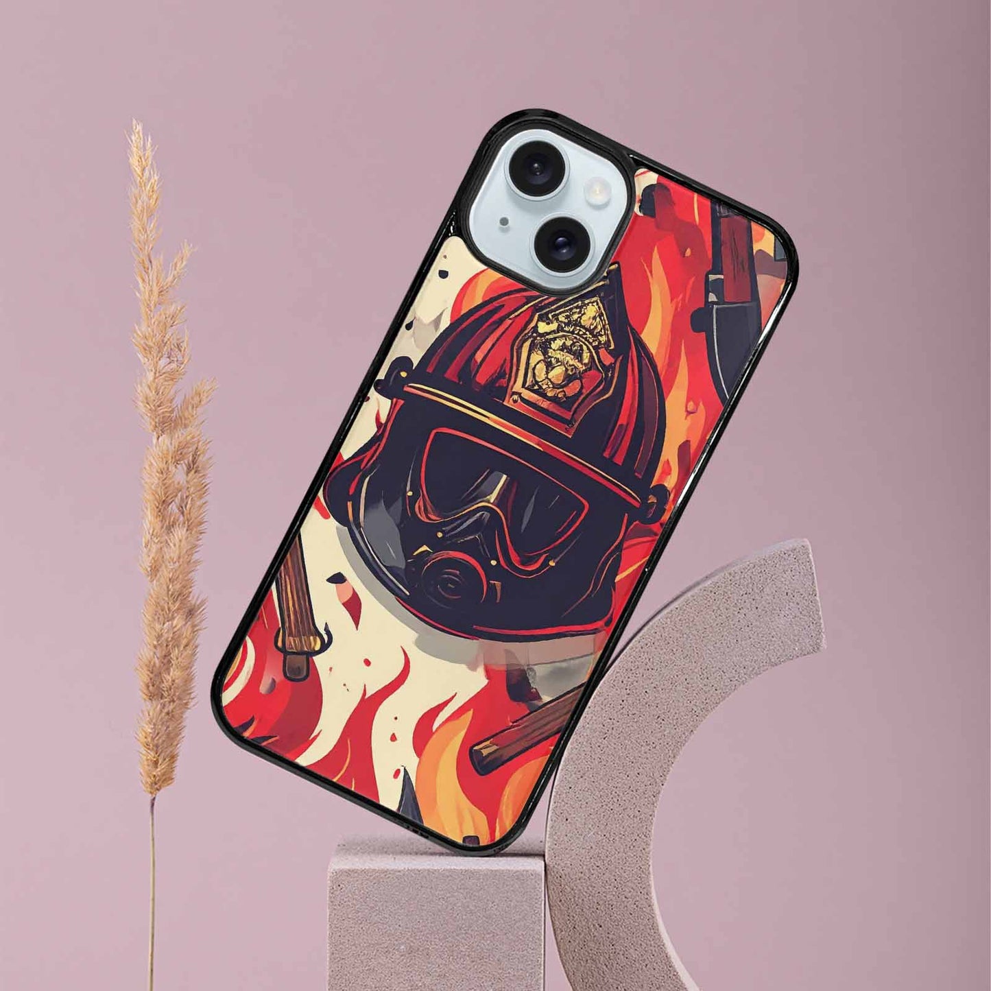 iPhone 15 Plus Case — Firefighter Pattern Flames Axes Helmets Seamless, Unique Phone Case Design