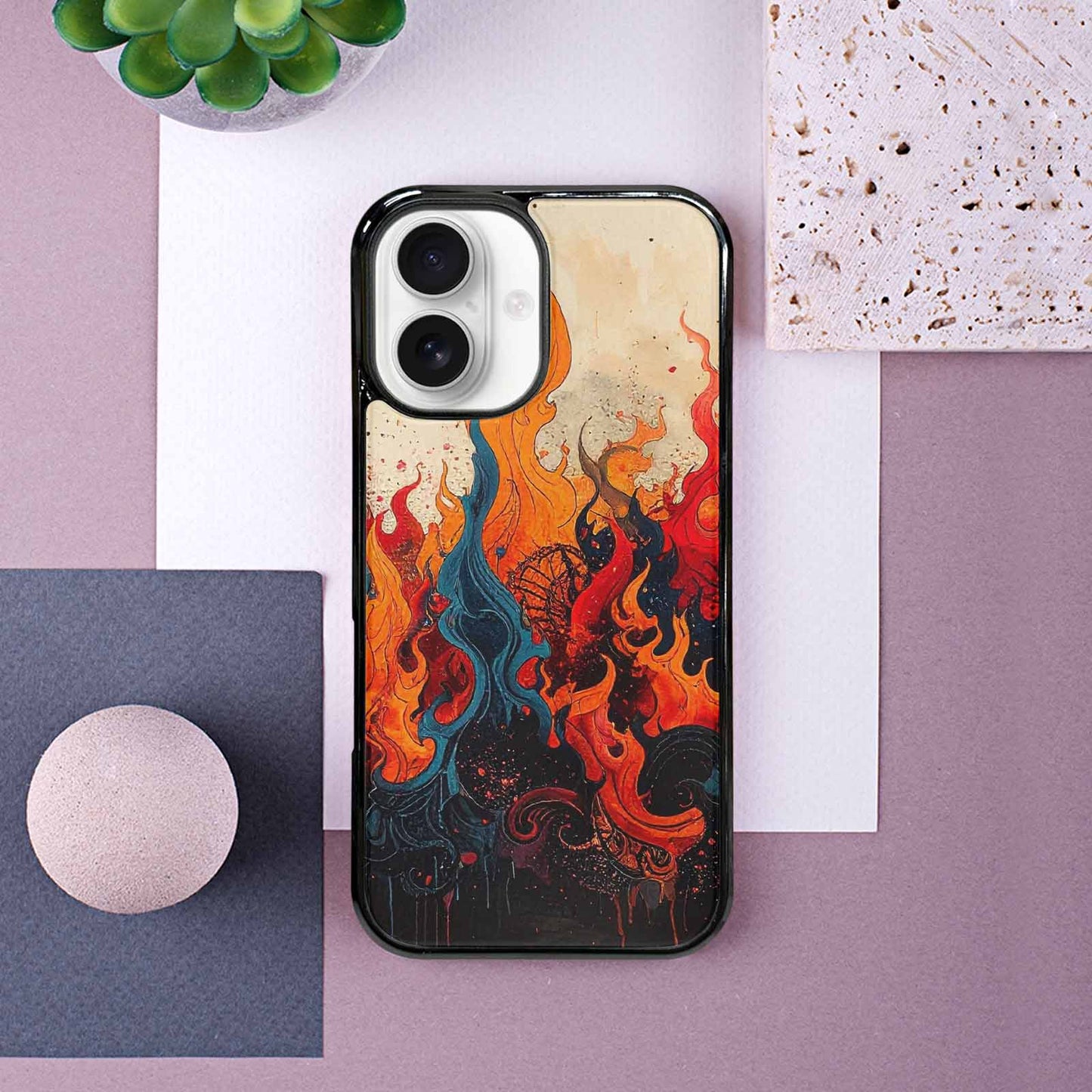 iPhone 16 Case — Flame Burst Black Red Ink Flame, Custom Phone Case