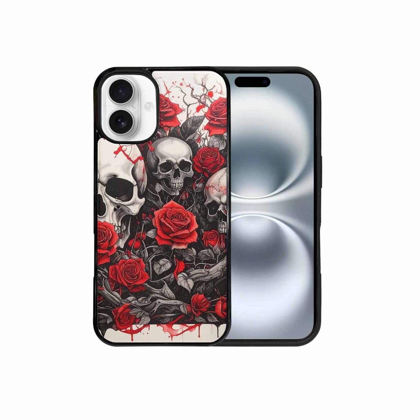 iPhone 16 Plus Case — Skull And Roses Black Red Ink, Custom Print Case Cover