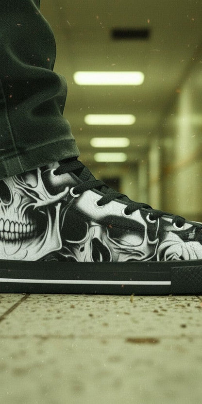 Men's Cartoon Skulls & Roses custom high-top canvas shoes — wearable art by Freaky Shoes