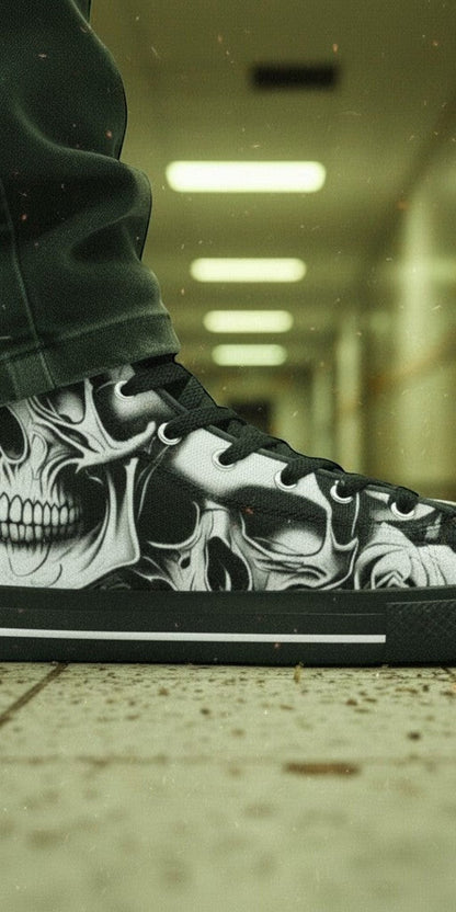 Men's Cartoon Skulls & Roses custom high-top canvas shoes — wearable art by Freaky Shoes