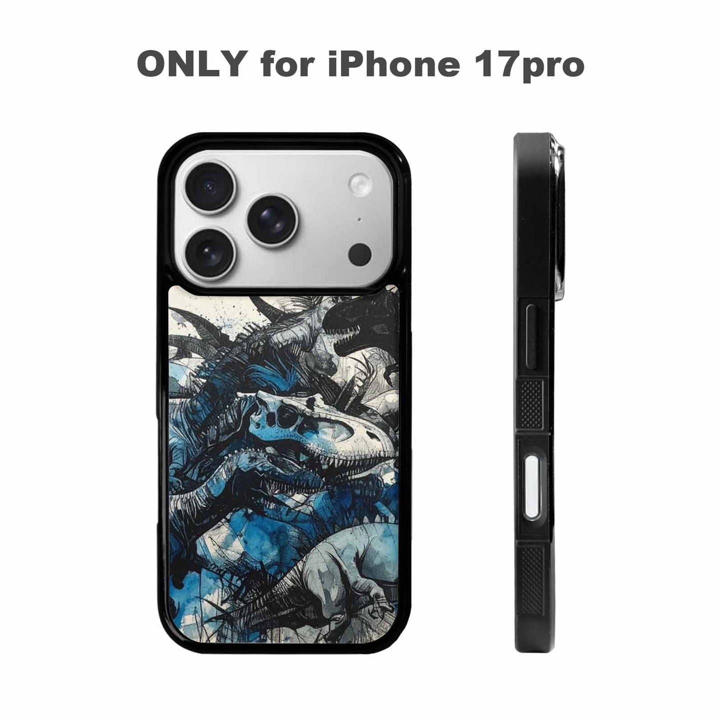 iPhone 17 Pro Case — Black Blue Ink Dinosaur Burst Original, Custom Designed Case Cover
