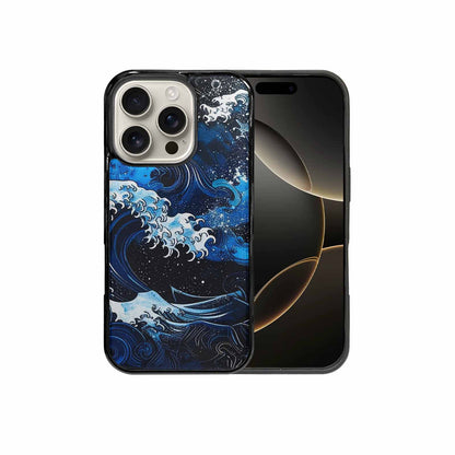 iPhone 16 Pro Case — Nautical Wave Black Blue Ink Wave, Custom Designed Case Cover
