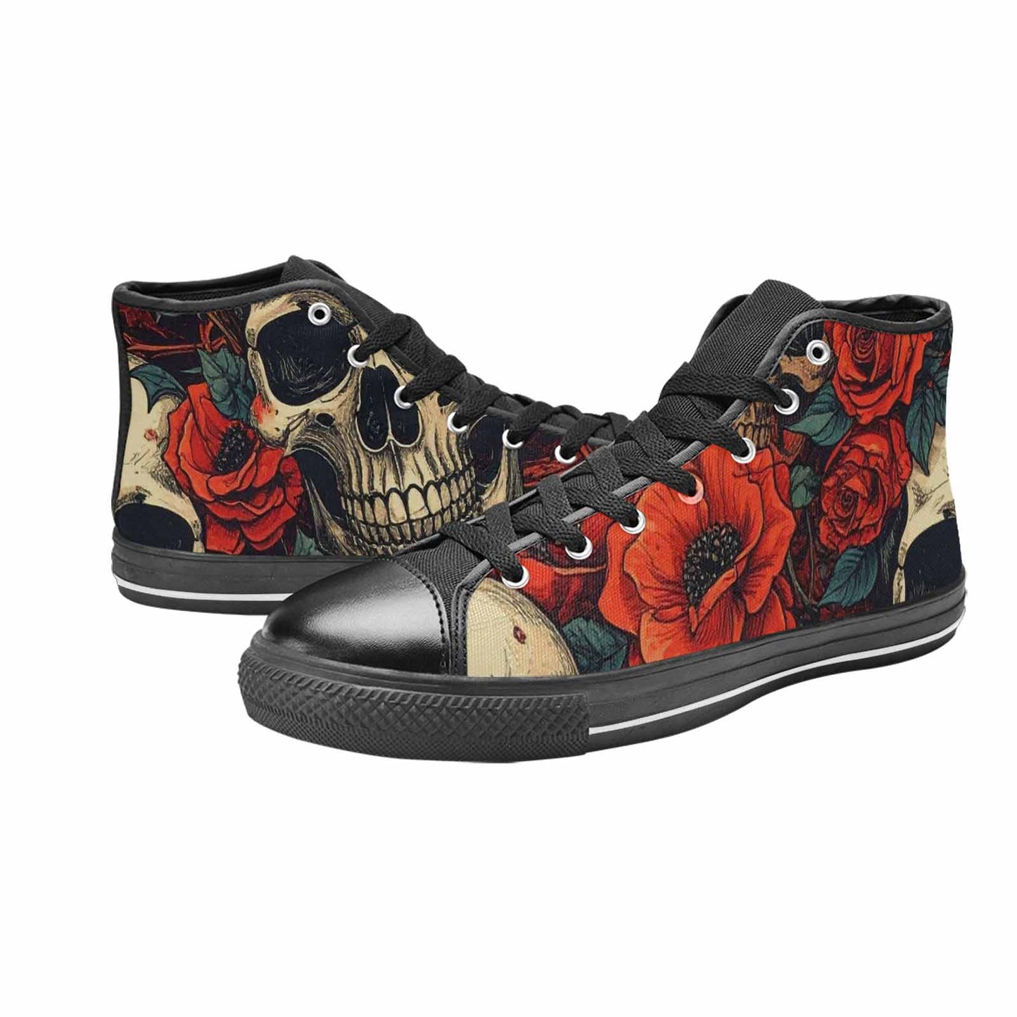 WOMEN'S Skulls Roses Bold Pen Ink High Top Canvas Neon Fantasy Shoes