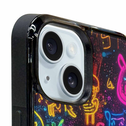 iPhone 15 Plus Case — Neon Glow Outline Icon Pattern Hundreds, Custom Phone Case