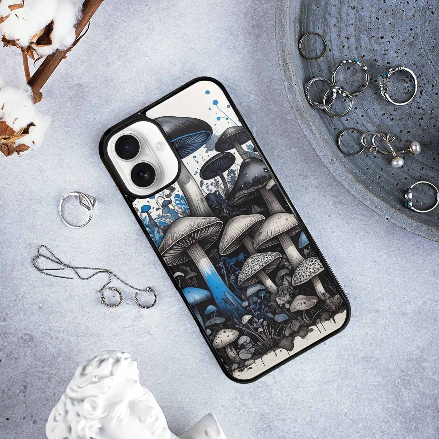 iPhone 16 Plus Case — Mushrooms General Black Blue Ink Mushrooms, Custom Designed Case Cover