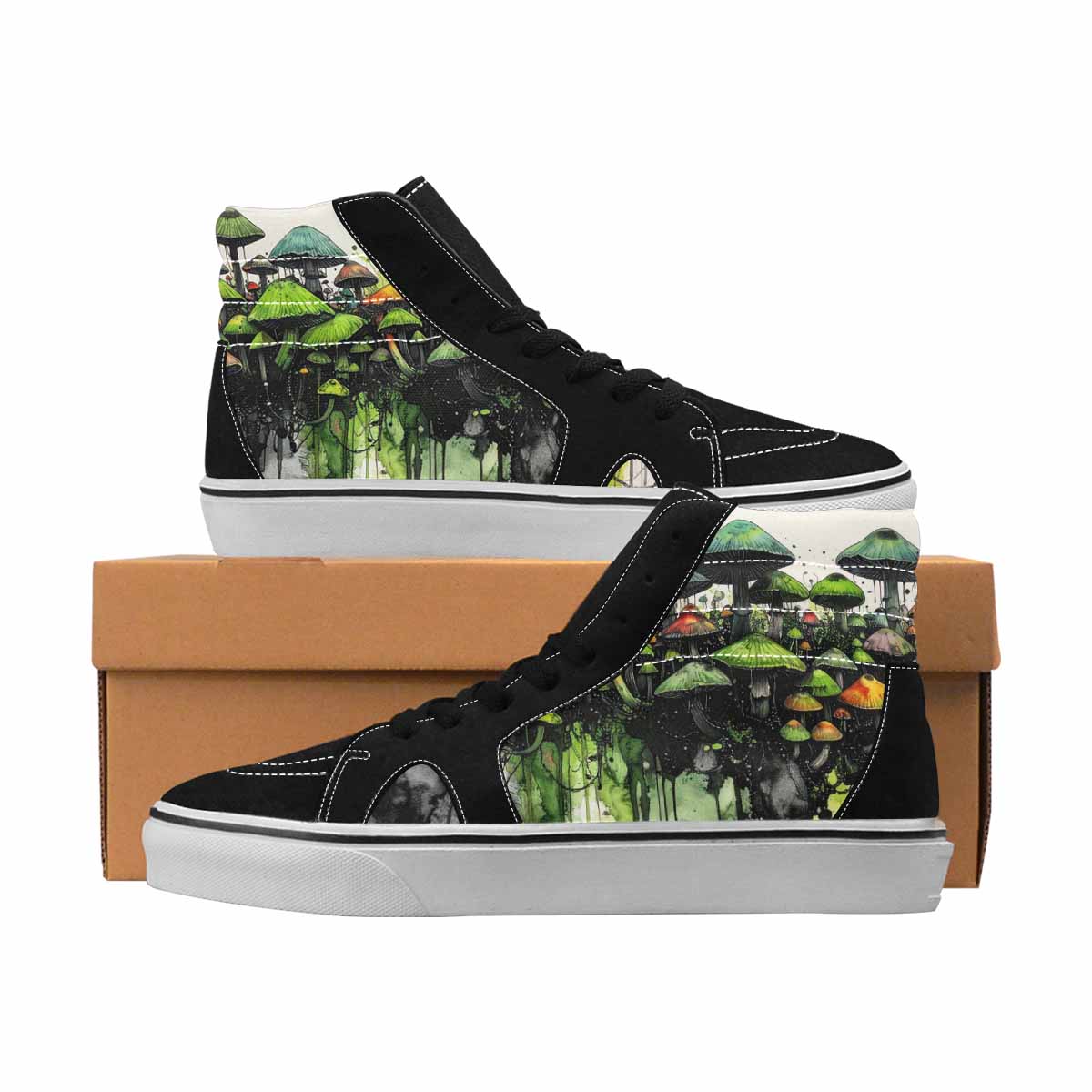 MEN'S Mushrooms Black & Green Ink High Top Canvas Personalized Melting Art Custom Streetwear Shoes