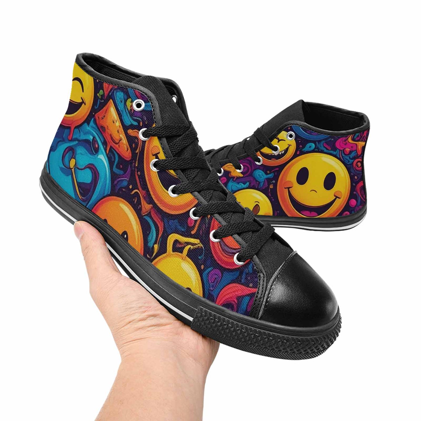 MEN'S Yellow Smiley Face High Top Canvas Vibrant Chaos Custom Sneakers