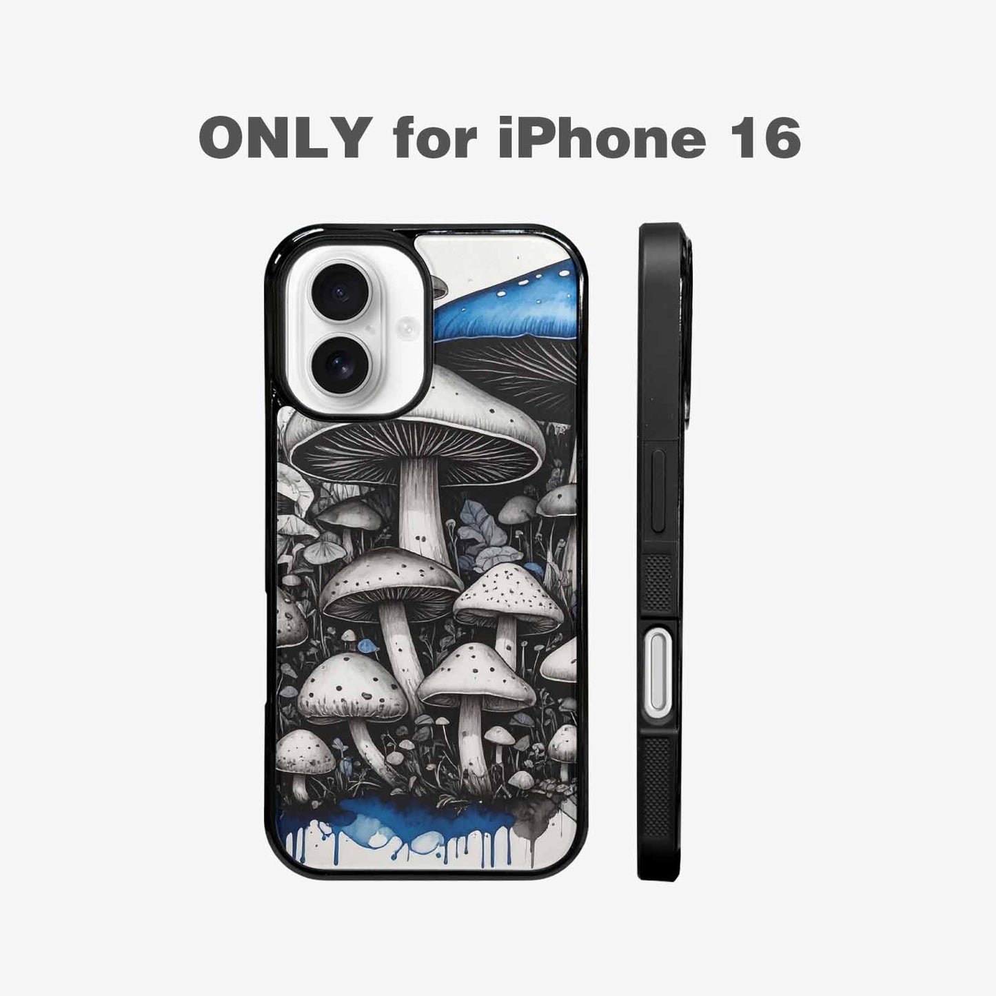 iPhone 16 Case — Mushrooms General Black Blue Ink Mushrooms, Unique Phone Case Design
