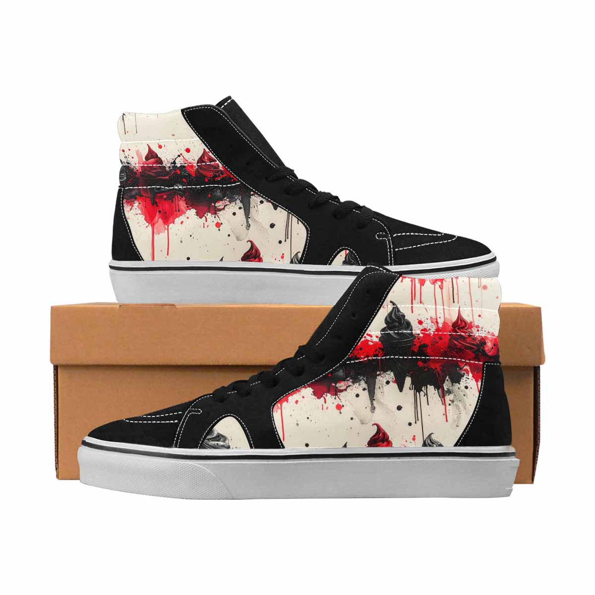 MEN'S Ice Cream Black & Red Ink High Top Canvas Streetwear Neon Fantasy Original Art Sneakers