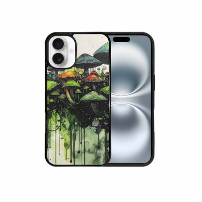 iPhone 16 Plus Case — Rainbow Drip Mushrooms Black Green Ink, Unique Phone Case Design