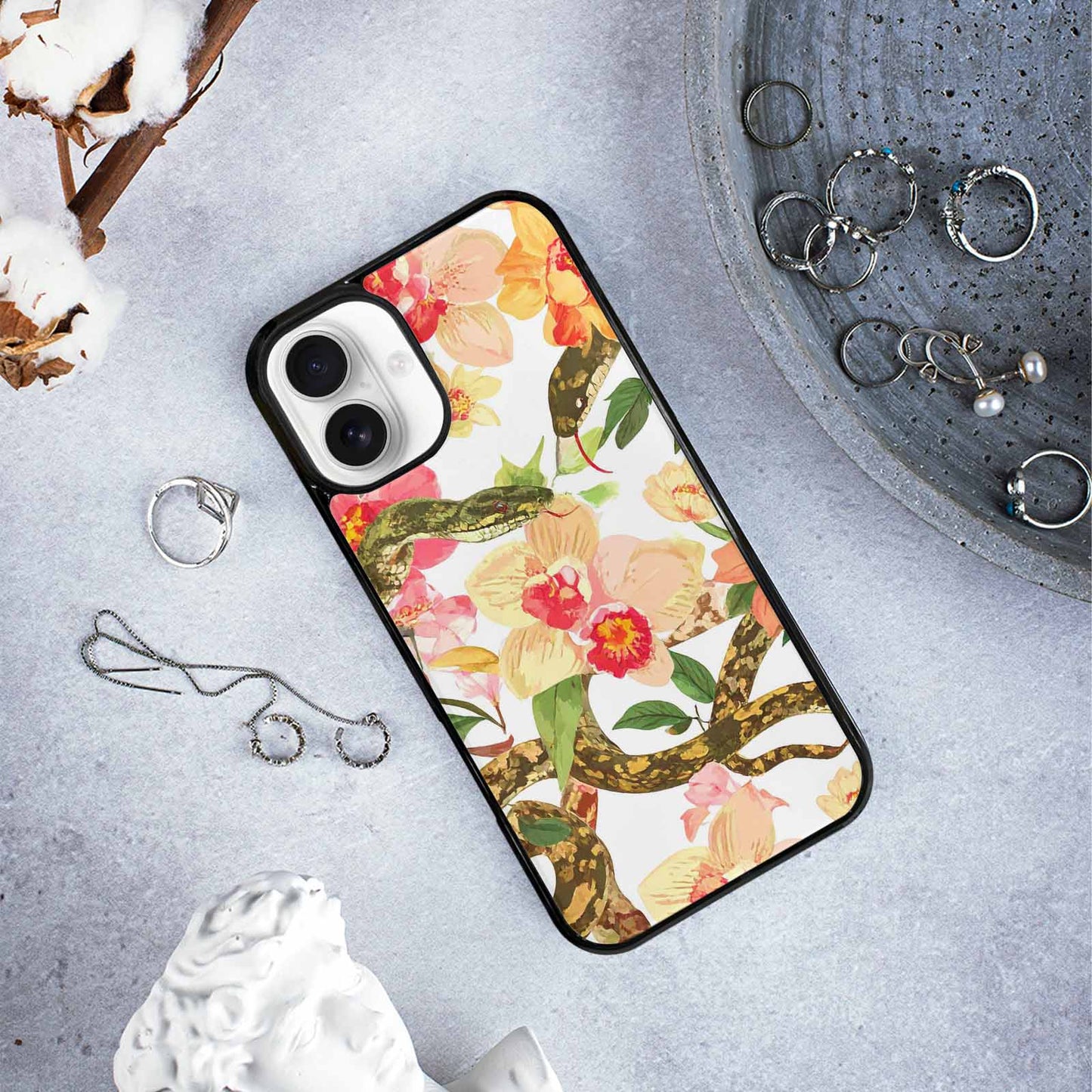 iPhone 16 Plus Case — Floral Snake Print, Custom Made Phone Cover