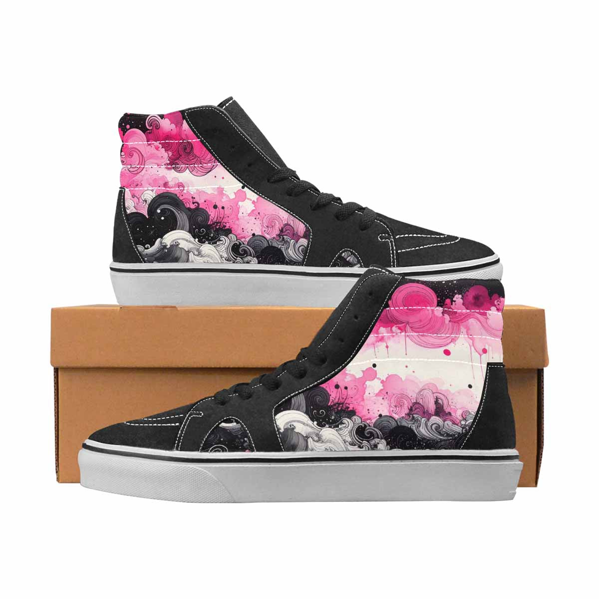 WOMEN'S Van Gogh Black & Pink Ink High Top Canvas One Of A Kind Surreal Custom Shoes