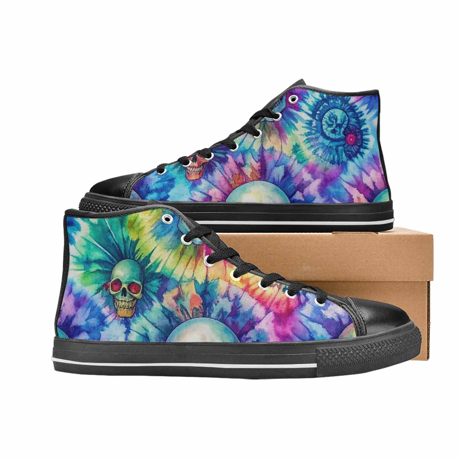 WOMEN'S Tie Dye Skulls Print High Top Canvas Neon Fantasy Custom Sneakers