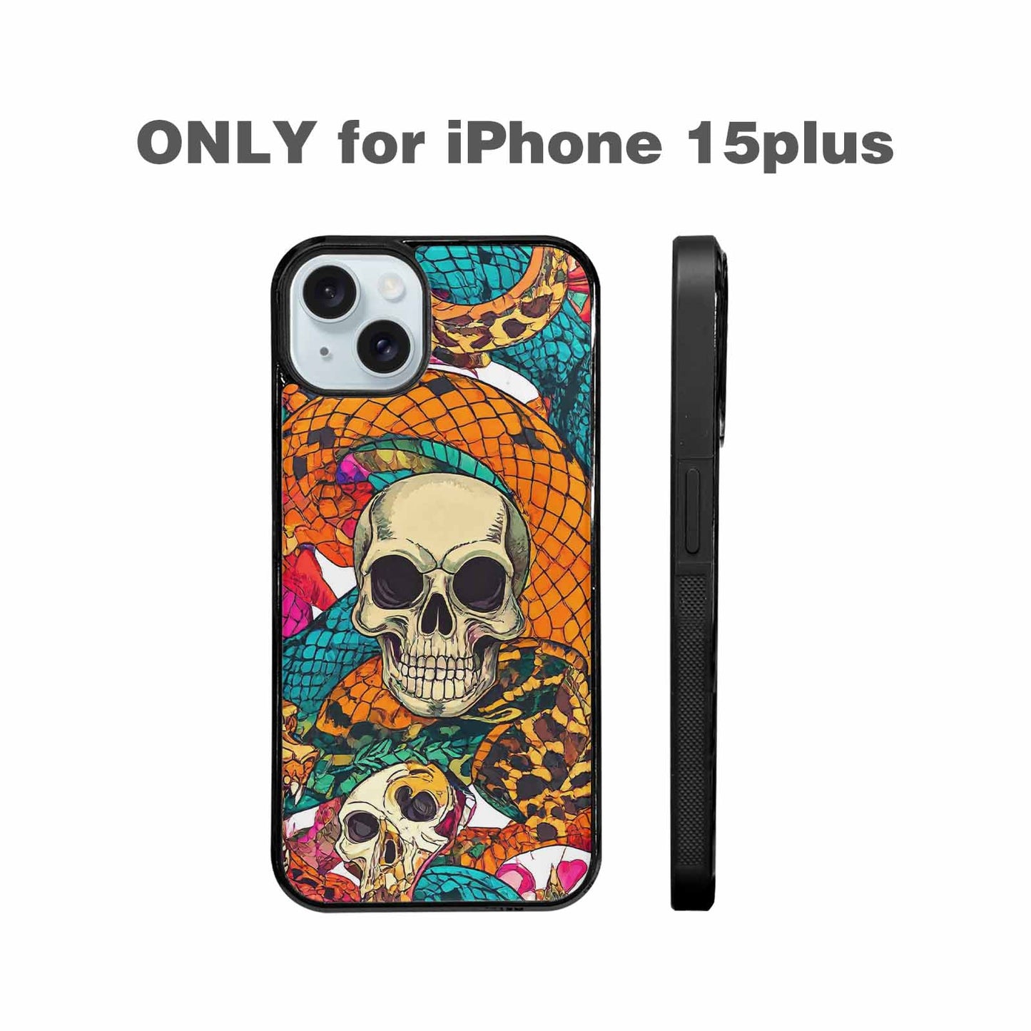 iPhone 15 Plus Case — Snake Print Skull, Original Design Phone Case