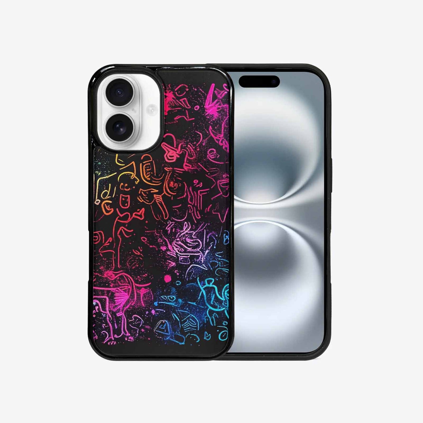 iPhone 16 Case — Neon Glow Outline Icon Pattern Hundreds, Custom Phone Case
