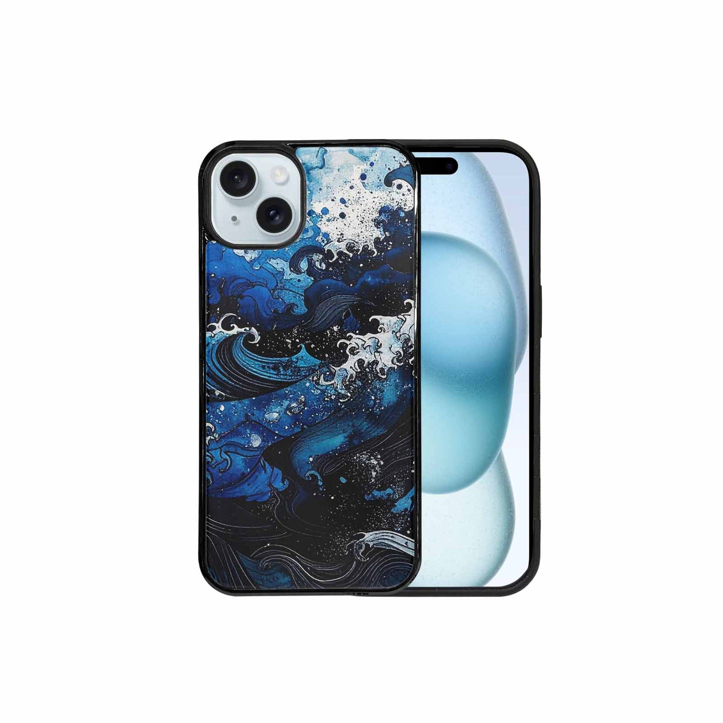 iPhone 15 Plus Case — Nautical Wave Black Blue Ink Wave, Custom Print Case Cover