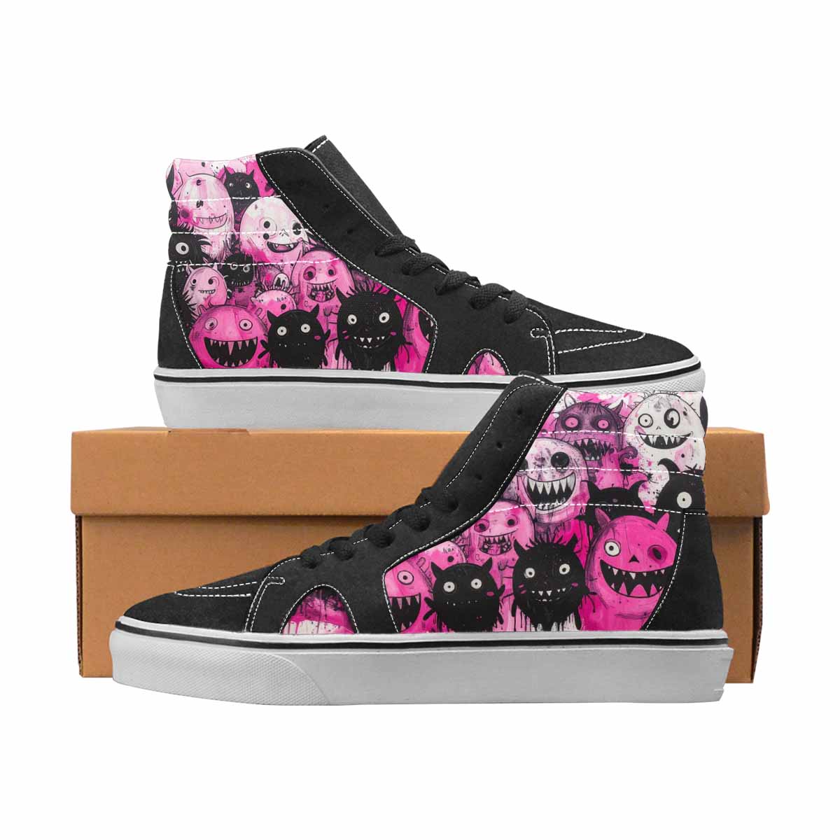 WOMEN'S Monsters Black & Pink Ink High Top Canvas Personalized Vivid All Over Print Shoes