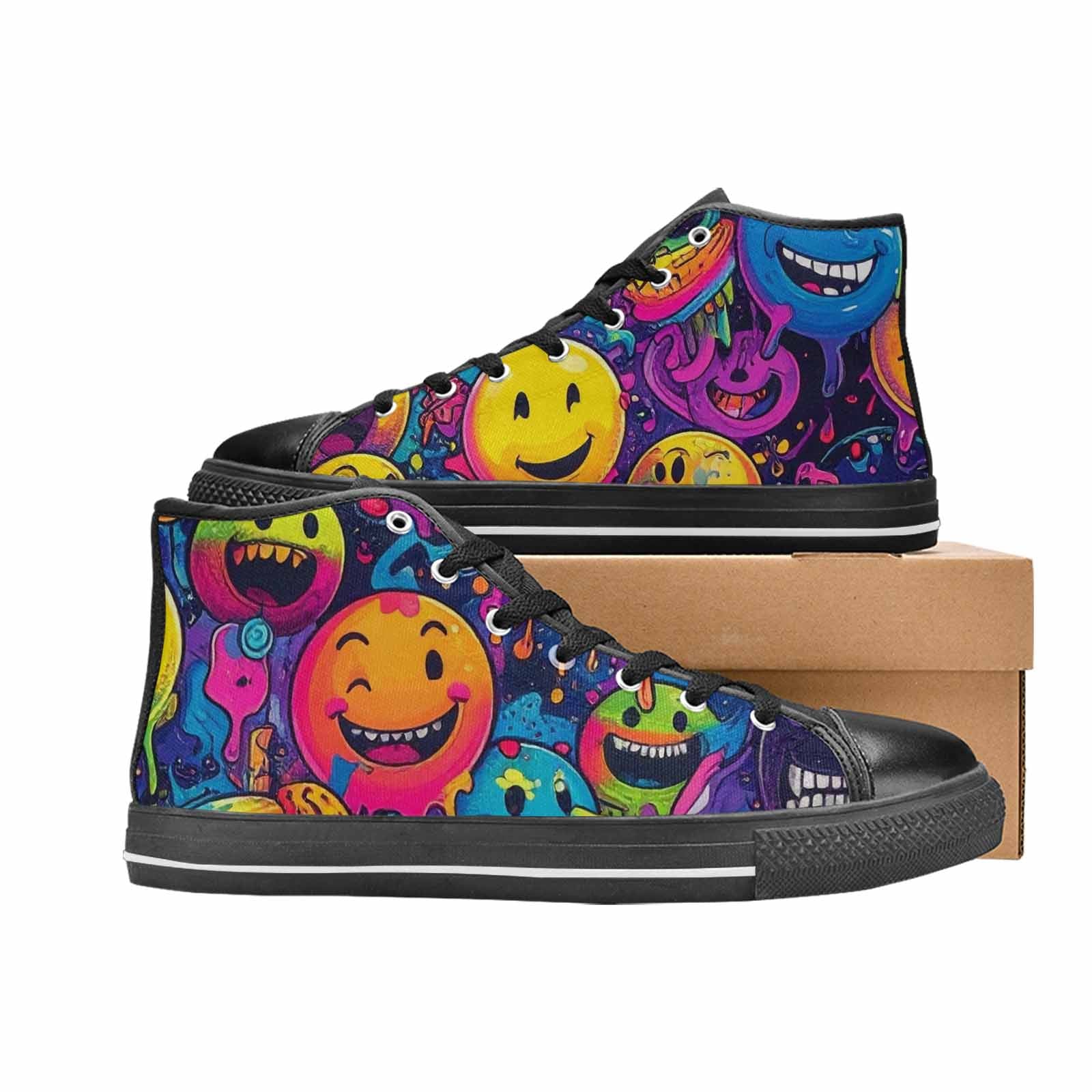 MEN'S Yellow Smiley Face High Top Canvas Vivid Sneakers