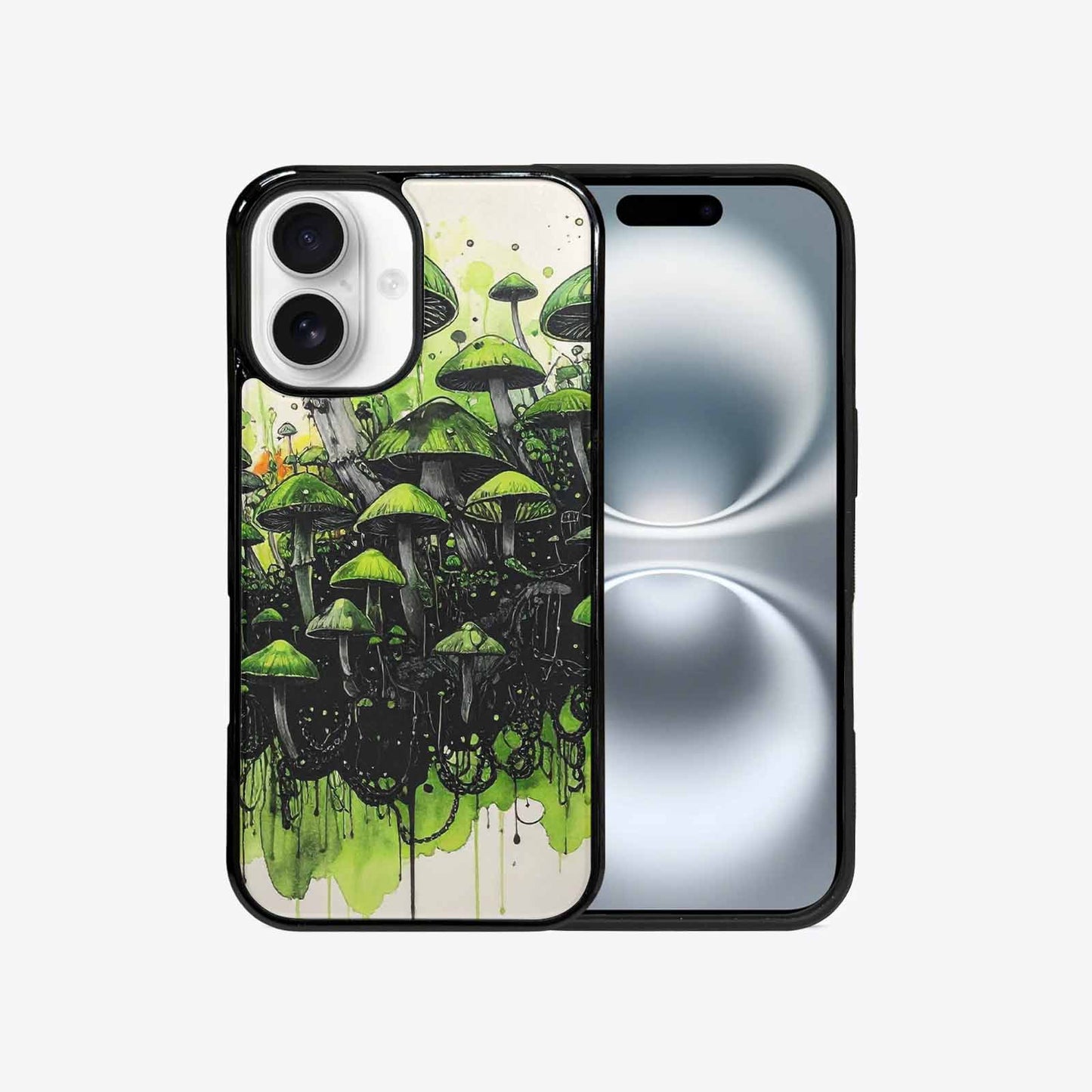 iPhone 16 Case — Rainbow Drip Mushrooms Black Green Ink, Custom Print Case Cover