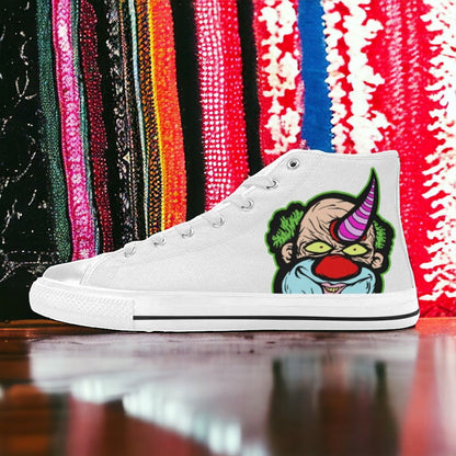 Custom Women's Clown high-top canvas shoes with bold all-over art — Freaky Shoes