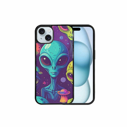 iPhone 15 Plus Case — Alien Ufo Cartoon Art Pattern Groovy, Custom Printed Phone Case