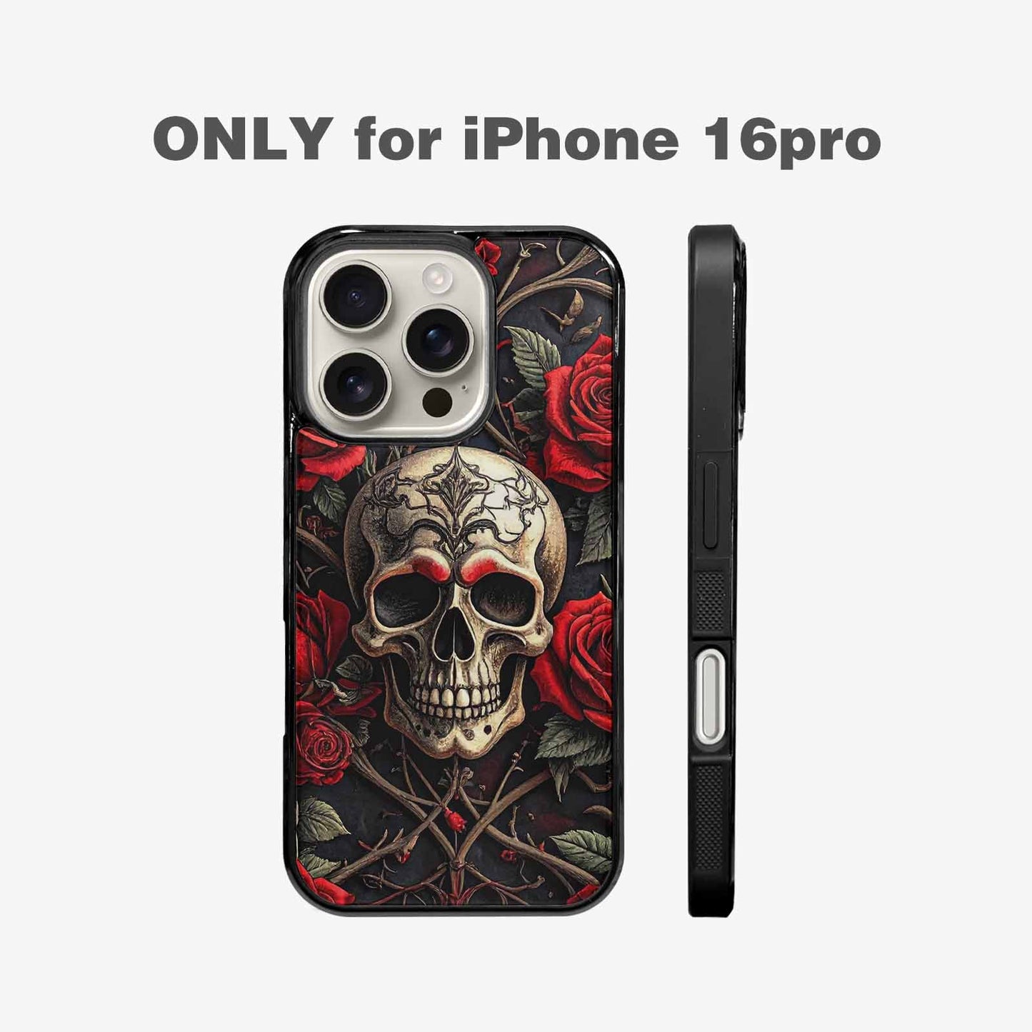 iPhone 16 Pro Case — Gothic Skulls Roses, Custom Designed Case Cover