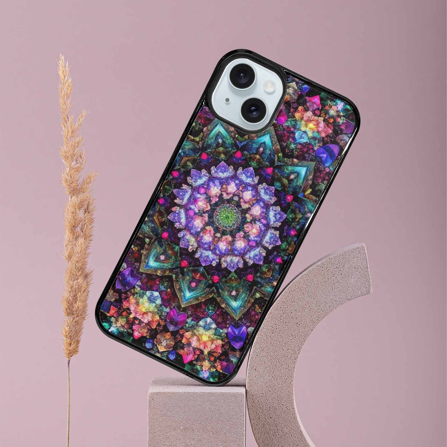 iPhone 15 Plus Case — Crystal Mandala Art Seamless Pattern Vibrant, Custom Designed Case Cover