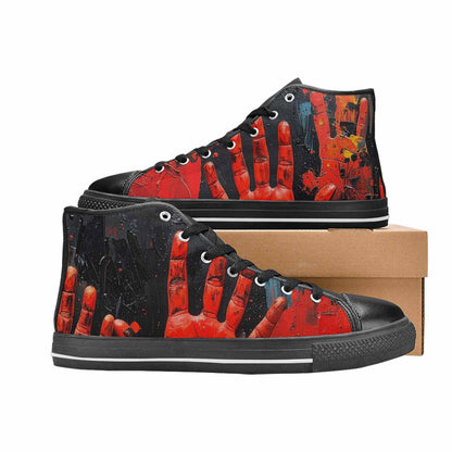 WOMEN'S Halloween Splatter Handprint High Top Canvas Vibrant Chaos Shoes
