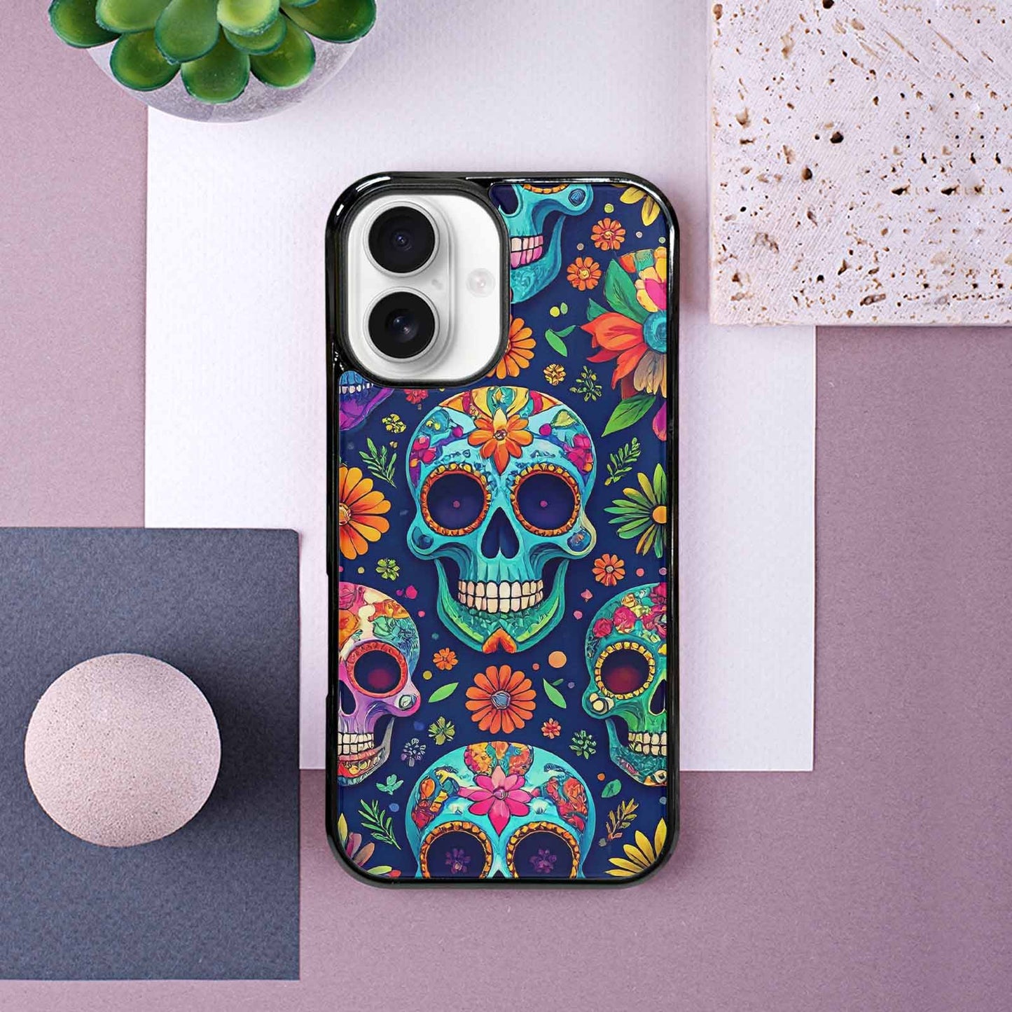 iPhone 16 Case — Rainbow Sugar Skull Weave, Custom Designed Case Cover