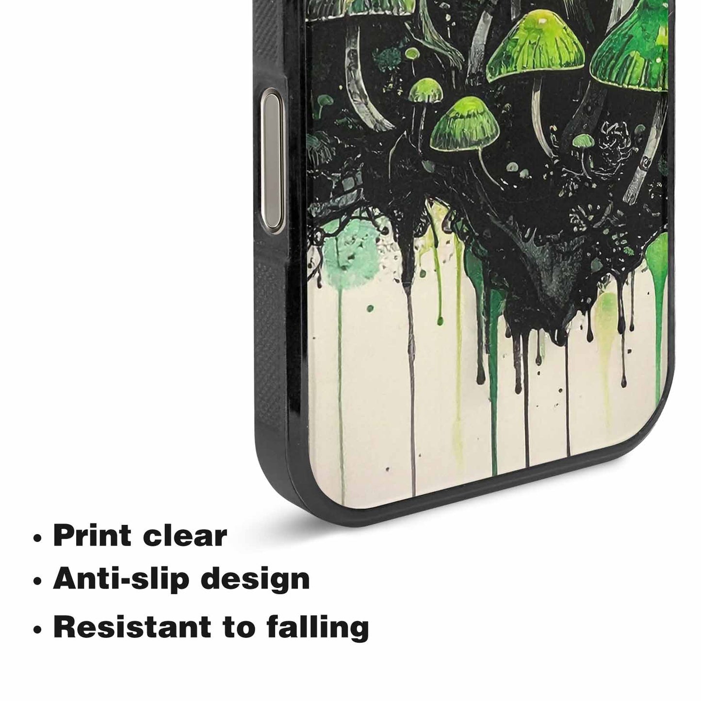 iPhone 16 Pro Max Case — Rainbow Drip Mushrooms Black Green Ink, Original Design Phone Case