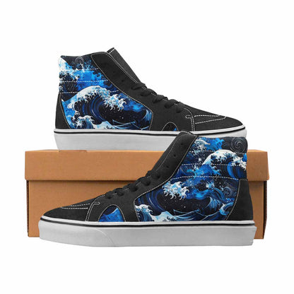 WOMEN'S Nautical Waves Black & Blue Ink High Top Canvas Graphic Print Aesthetic Custom Sneakers