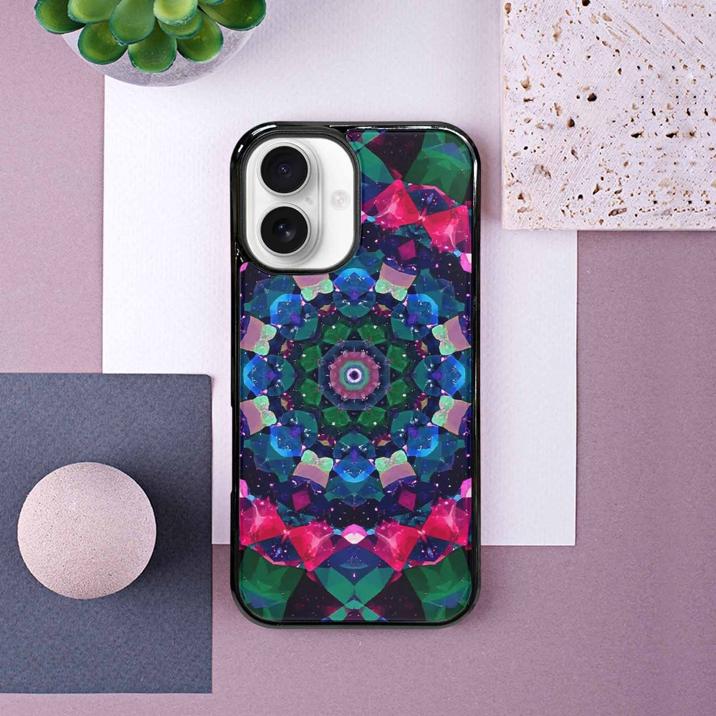 iPhone 16 Case — Crystal Mandala Art Seamless Pattern Vibrant, Custom Made Phone Cover