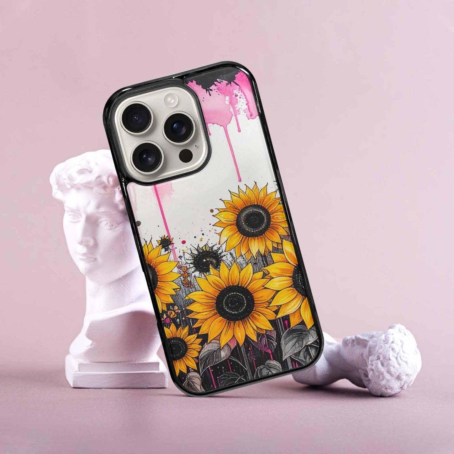 iPhone 16 Pro Case — Sunflower Burst Black Pink Ink Sunflowers, Original Design Phone Case