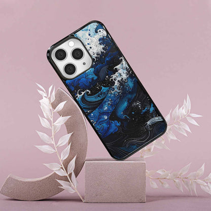 iPhone 15 Pro Max Case — Nautical Wave Black Blue Ink Wave, Custom Made Phone Cover