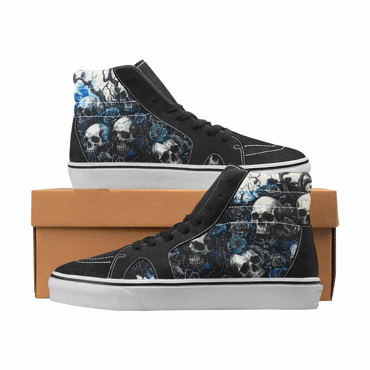 WOMEN'S Skulls Black & Blue Ink High Top Canvas Wearable Art Cottagecore Custom Streetwear Shoes