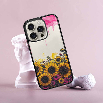 iPhone 16 Pro Case — Sunflower Burst Black Pink Ink Sunflowers, Original Design Phone Case