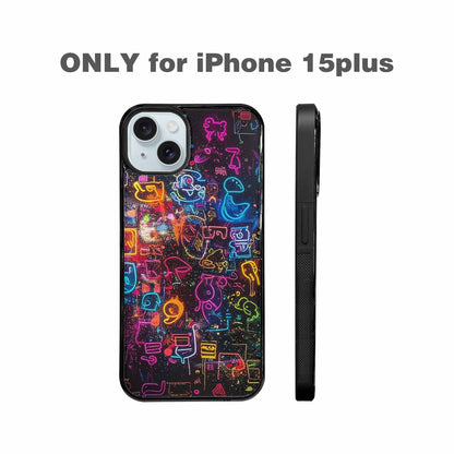 iPhone 15 Plus Case — Neon Glow Outline Icon Pattern Hundreds, Custom Made Phone Cover