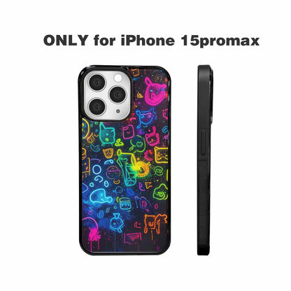 iPhone 15 Pro Max Case — Neon Glow Outline Icon Pattern Hundreds, Customized Protective Case