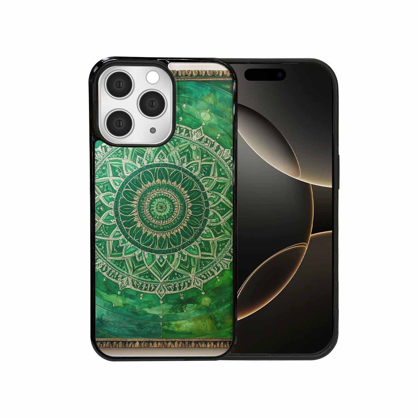 iPhone 15 Pro Max Case — Green Mandala Bohemian Print Edge To, Original Design Phone Case