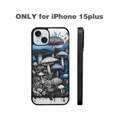 iPhone 15 Plus Case — Mushrooms General Black Blue Ink Mushrooms, Custom Art Phone Cover