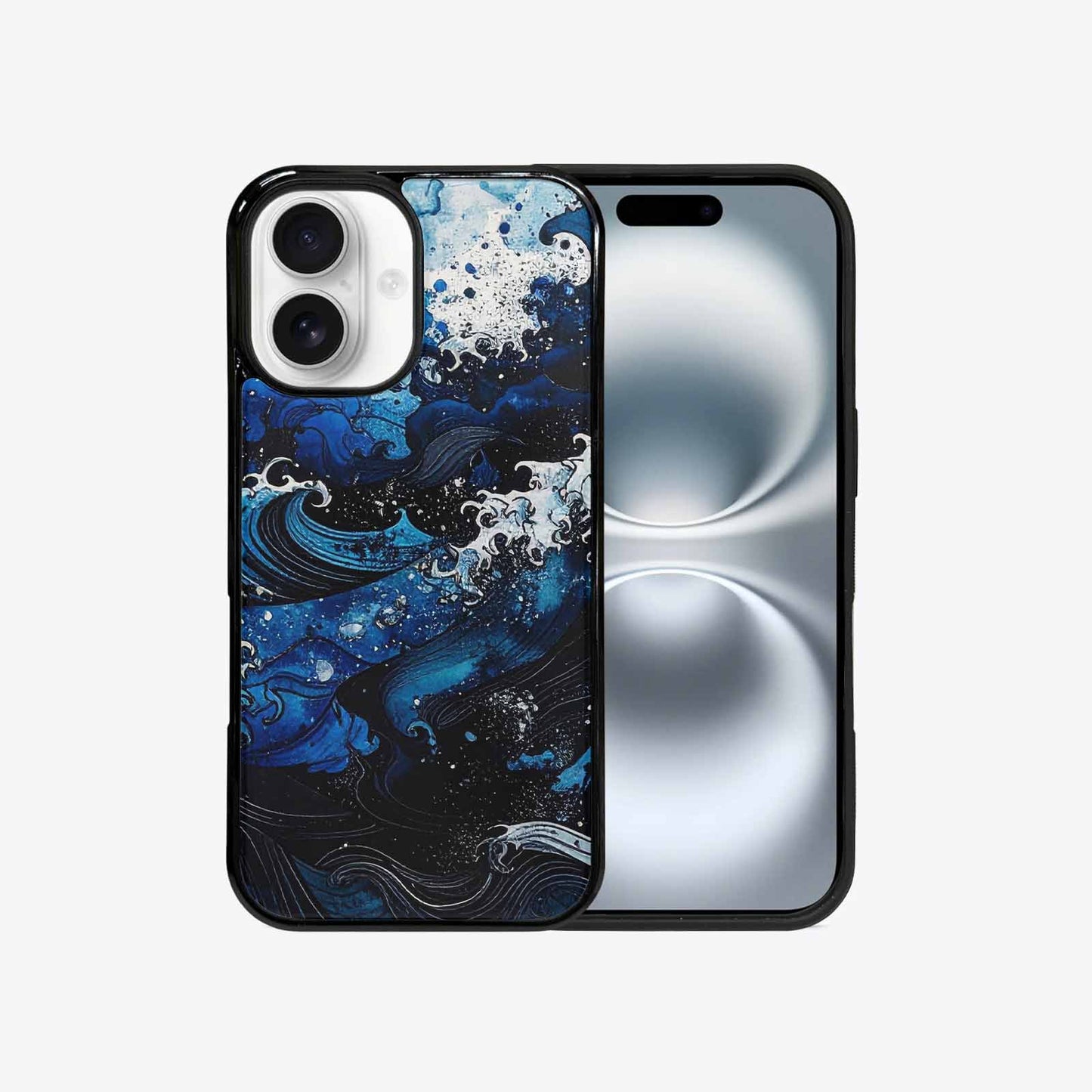 iPhone 16 Case — Nautical Wave Black Blue Ink Wave, Custom Phone Case