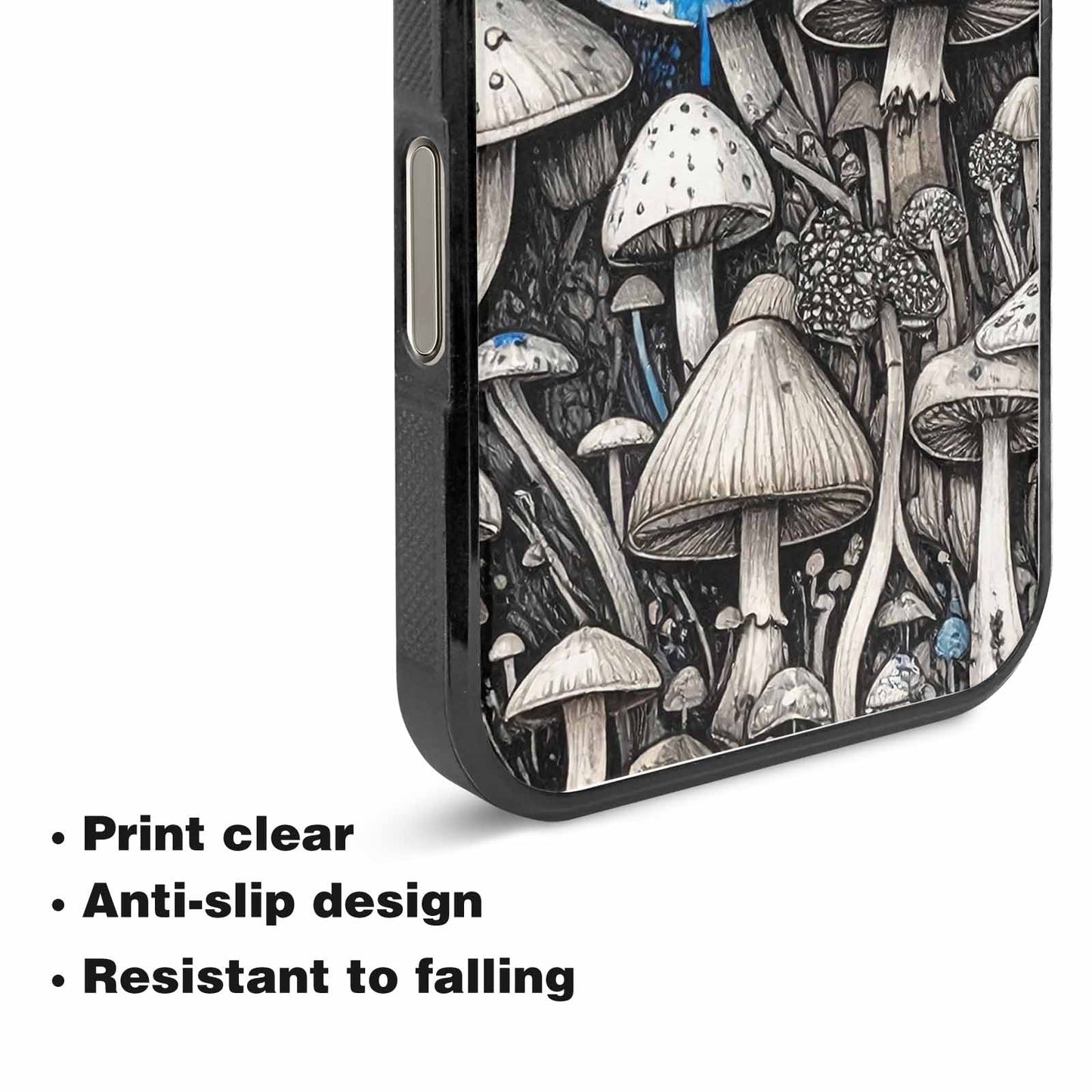 iPhone 15 Pro Max Case — Mushrooms General Black Blue Ink Mushrooms, Custom Made Phone Cover