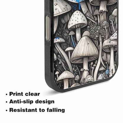 iPhone 15 Pro Max Case — Mushrooms General Black Blue Ink Mushrooms, Custom Made Phone Cover