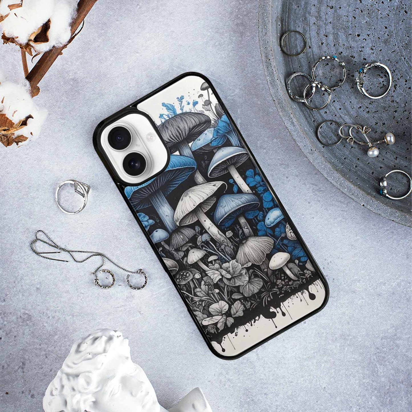 iPhone 16 Plus Case — Mushrooms General Black Blue Ink Mushrooms, Unique Phone Case Design