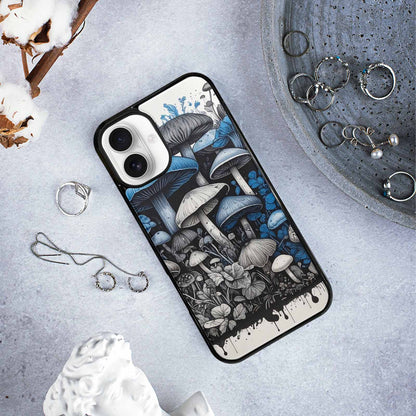 iPhone 16 Plus Case — Mushrooms General Black Blue Ink Mushrooms, Unique Phone Case Design