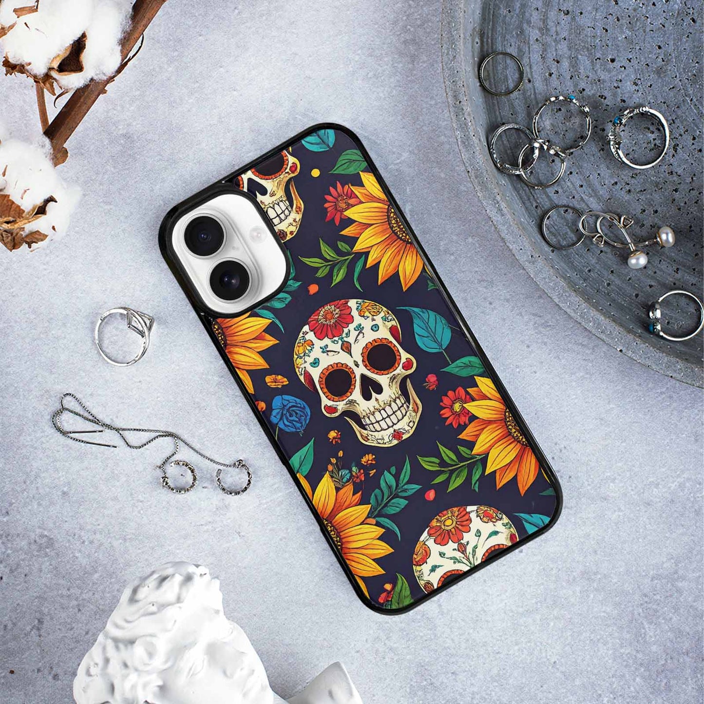 iPhone 16 Plus Case — Sunflowers Hundreds Of Skulls Art Seamless, Unique Phone Case Design